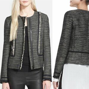 Vince Fringe-Trim Boucle Jacket Blazer Zip-Front Heathered Black